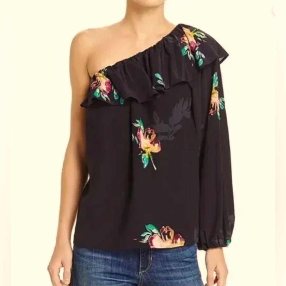 French Connection Navy Floral One-Shoulder Ruffle Floral Print Blouse SZ Medium